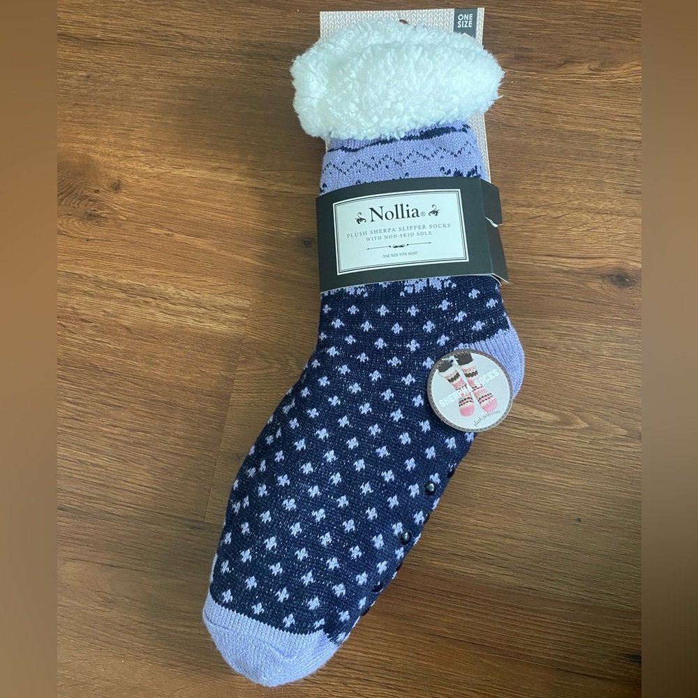 Nollia Plush Slipper Socks With Non Skid Sole, One Size Navy Purple